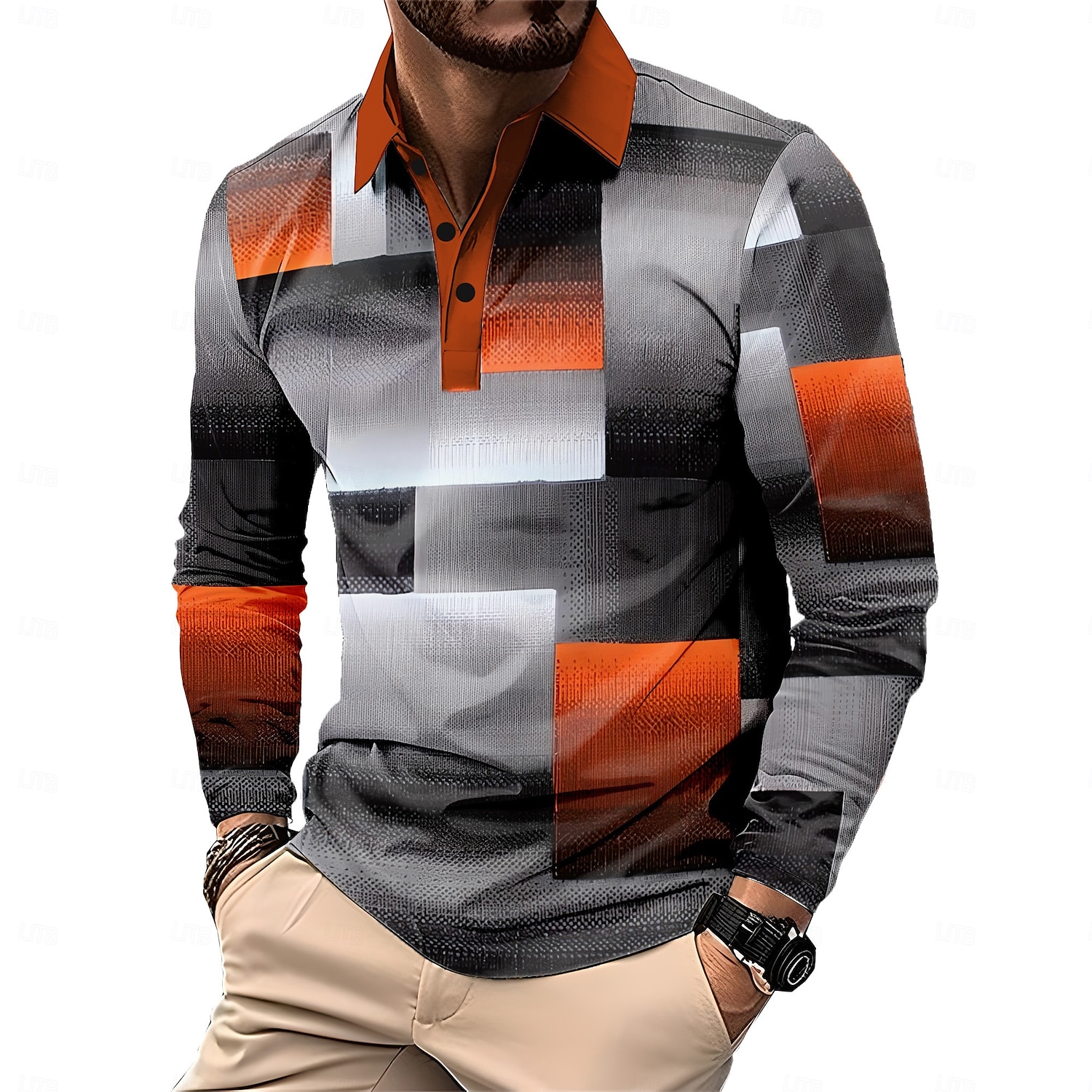 Herr Rutig Pikétröjor Golf pikétröjor Långärmad Polotröjor Krage Business Casual Formell Semester Vardag Friluftskläder Knappar 3D-utskrift Vår Höst vinter Svart Gul Rubinrött 2025 - $23.99 –P1