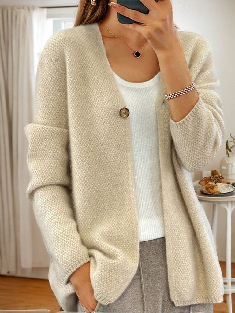 damegenser cardigan genser jakke v-hals strikket knapp strikket vår høst hjem daglig helg elegant daglig myk langermet ren farge camel beige 2025 - $35.99 –P2