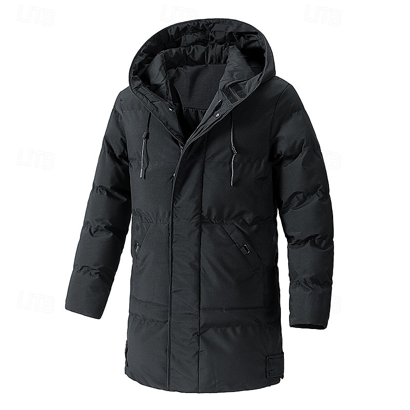 Men's Winter Jacket Puffer Jacket Hoodie Jacket Parka Pocket Polyster Fleece lined Daily Wear Date Vacation Long Fashion Casual Comfortable Thermal Warm Fall & Winter Solid / Plain Color Black Army 2025 - $52.99 –P4