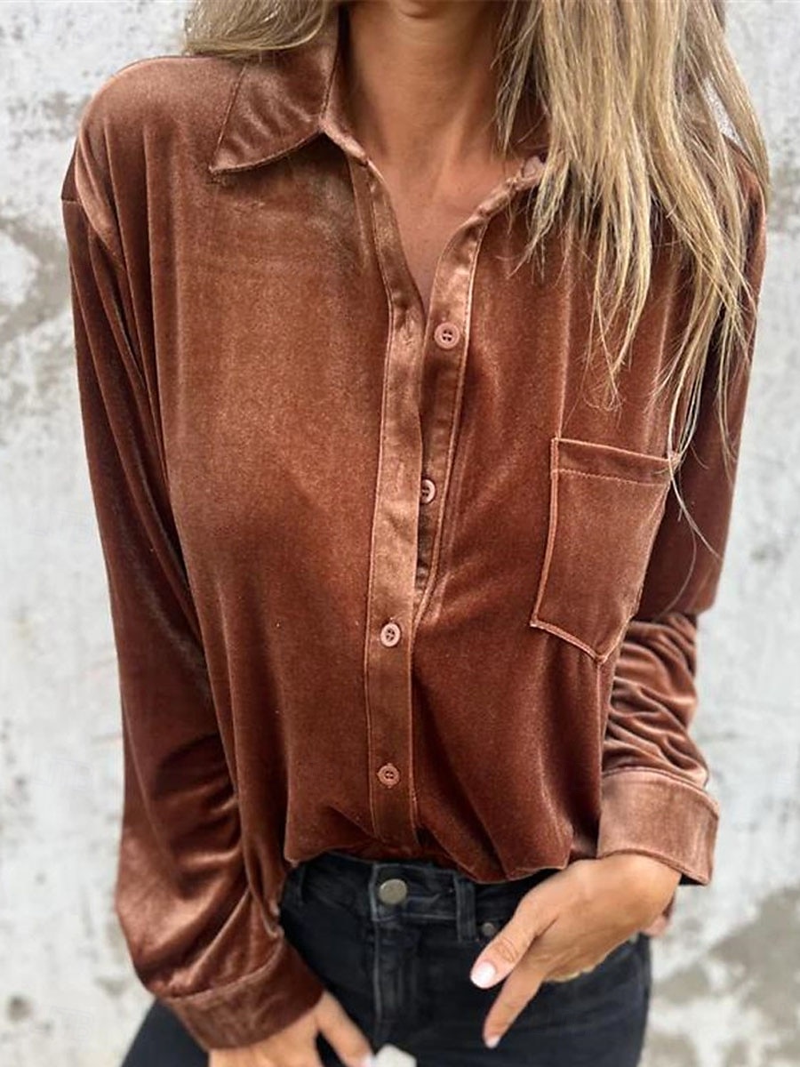 Dames Overhemd Blouse Effen Kleur Basic Casual Lange mouw Overhemdkraag Normale tops Dagelijks Knop Fuchsia Bruin Groen Herfst Winter 2025 - $32.99 –P2