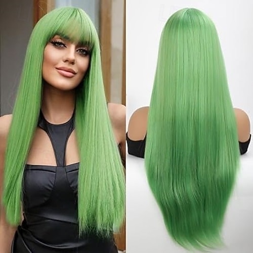 parrucca lunga e dritta con frangia parrucca sintetica in fibra di capelli naturali per donne e ragazze perfetta per feste di Natale e cosplay del 2025 a $19.99 –P2