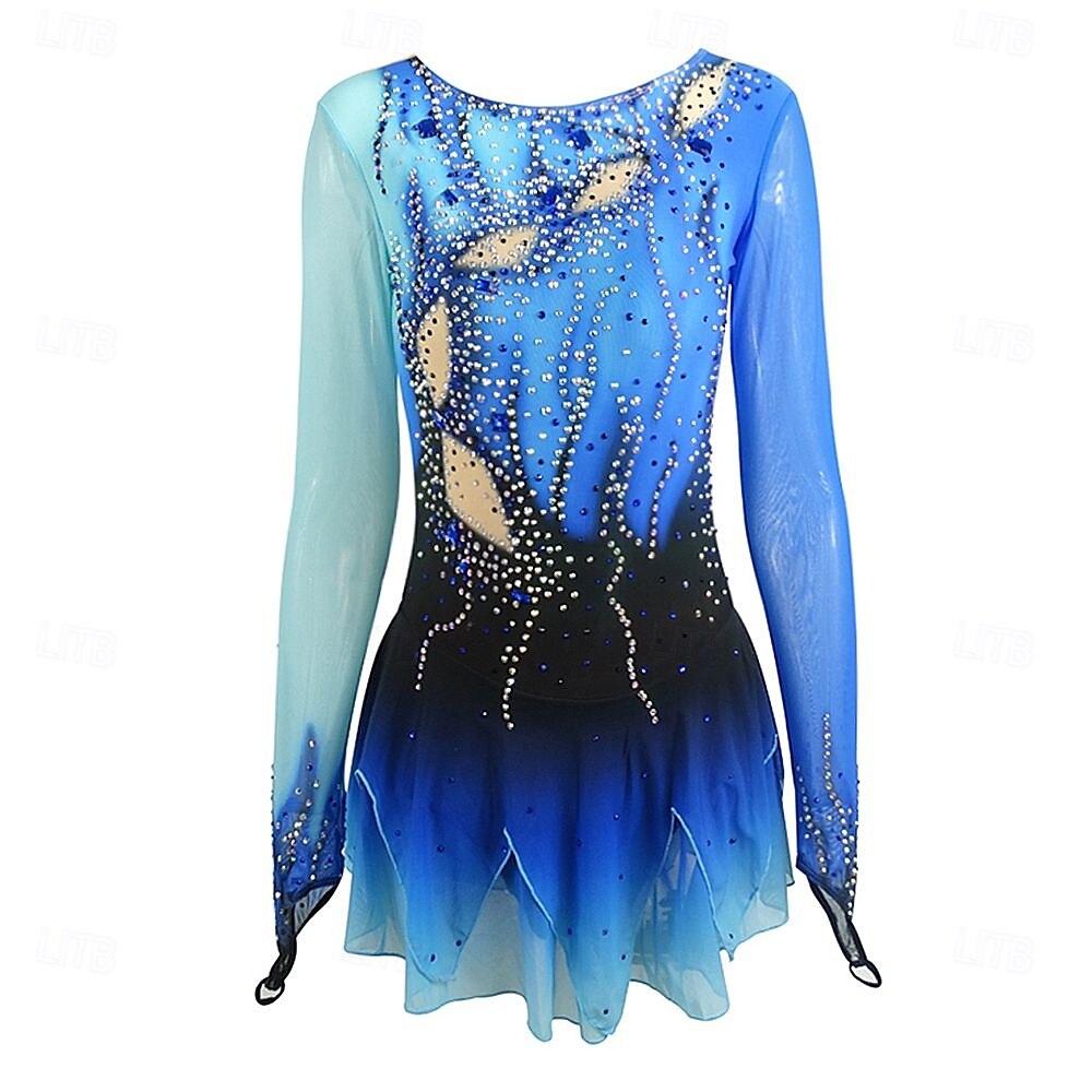 Eiskunstlaufkleid Damen Mädchen Eislaufen Kleid Blau Patchwork Daumenloch Netzstoff Hohe Elastizität Training Wettbewerb Eiskunstlaufkleidung Klassisch Kristall / Strass Langarm Eislaufen 2025 - $195.99 –P1