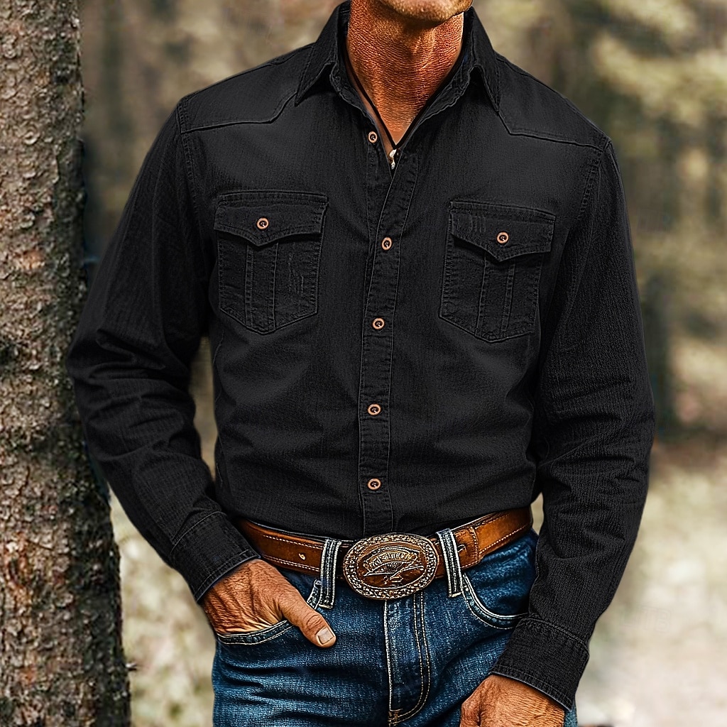 Per uomo Camicia Camicia in calicò Maglietta informale Camicia con bottoni Camicia di jeans Liscio Giornaliero Da mare Blu chiaro Nero Blu Grigio scuro Manica lunga Colletto Primavera estate del 2025 a $31.99 –P6