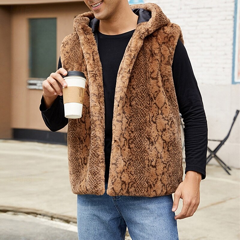 Men's Vest Faux Fur Gilet Daily Date Vacation Fashion Casual Fall & Winter Keep Warm Polyester Comfortable Leopard Print Cardigan Stand Collar Regular Fit White Yellow Brown Vest 2026 - $41.99 –P14