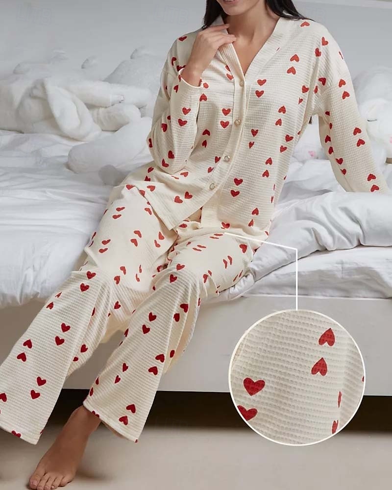 kvinnors alla hjärtans pyjamasset hjärta avslappnad komfort hem daglig komfort varm v-ringad långärmad kofta byxa knapp upp resår midja höst vinter hem outfits 2025 - $23.99 –P1