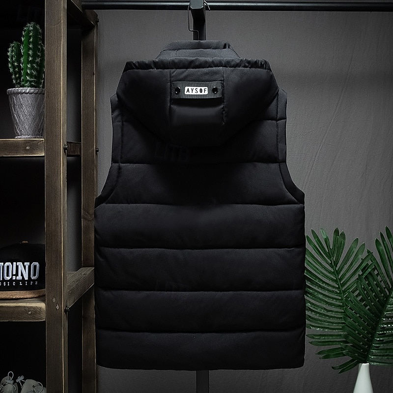 Herr Pufferväst Hoodie väst Vadderad Gilet Quiltad väst Dagligen Datum Semester Mode Ledigt Höst vinter Ficka Avtagbar huva Polyester Håller värmen Bekväm Ensfärgat Dragkedja Huva Normal Svart 2025 - $29.99 –P5
