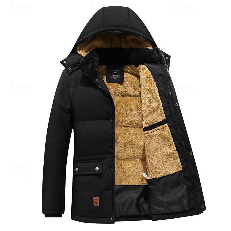Homme Manteau d'hiver Parka Poche Polyester Doublure Polaire Vacances Usage quotidien Rendez-vous Normal Mode Décontractées Confortable Chaud Automne hiver Couleur unie / unie Noir Doudoune de 2025 ? $58.99 –P12
