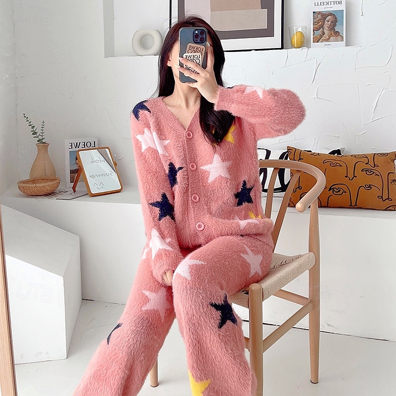 pijamale de damă îmbrăcăminte de lounge 2 piese grafic active casual acasă zilnic fleece cald respirabil decolteu în V pantaloni cardigan cu mânecă lungă ținute de toamnă iarnă acasă 2025 - $42.99 –P5