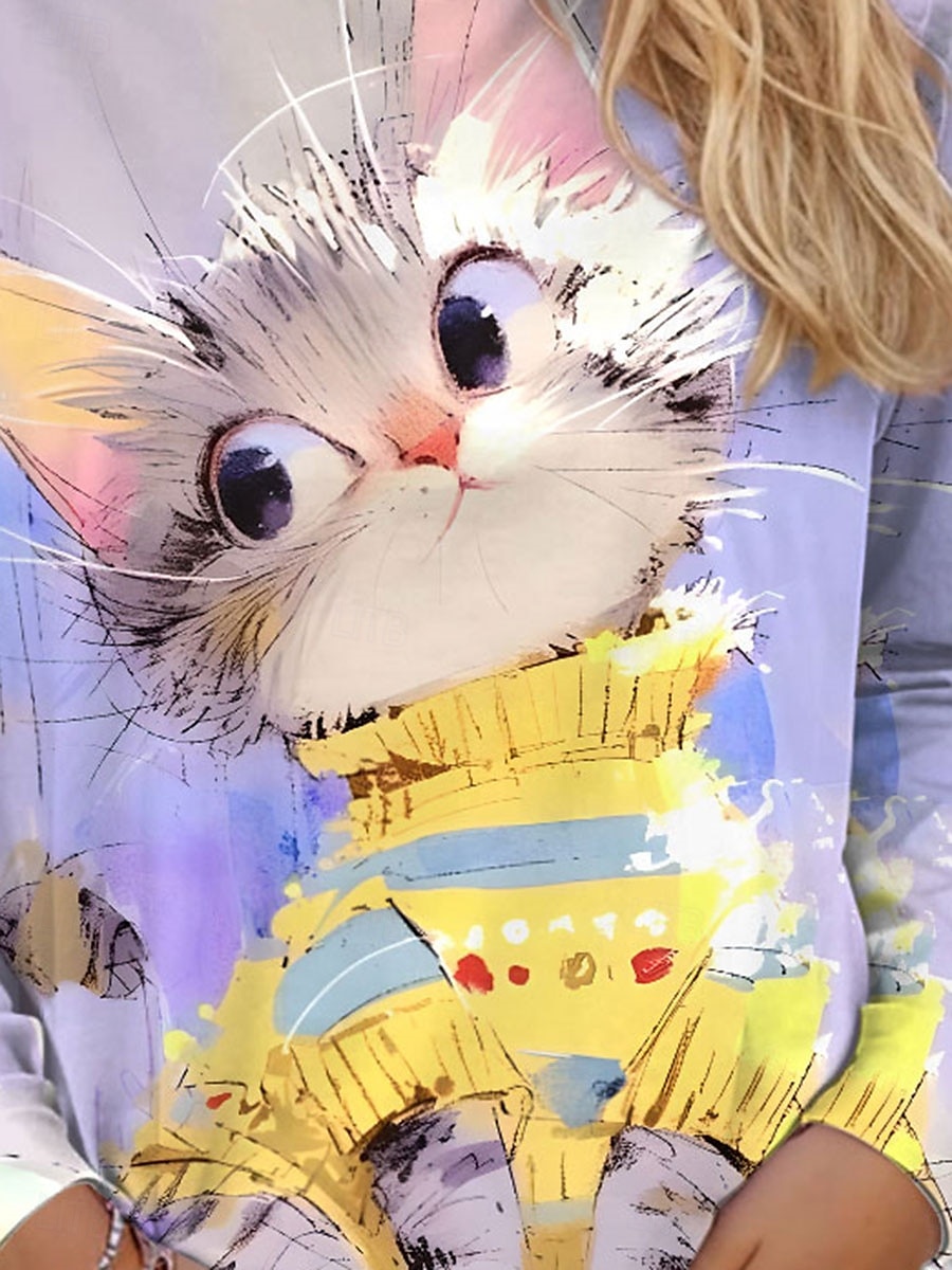 Dam T-shirt Katt Ledigt Långärmad Rund hals Vanliga toppar Dagligen Mönster Purpur Vår Höst 2025 - $22.99 –P3