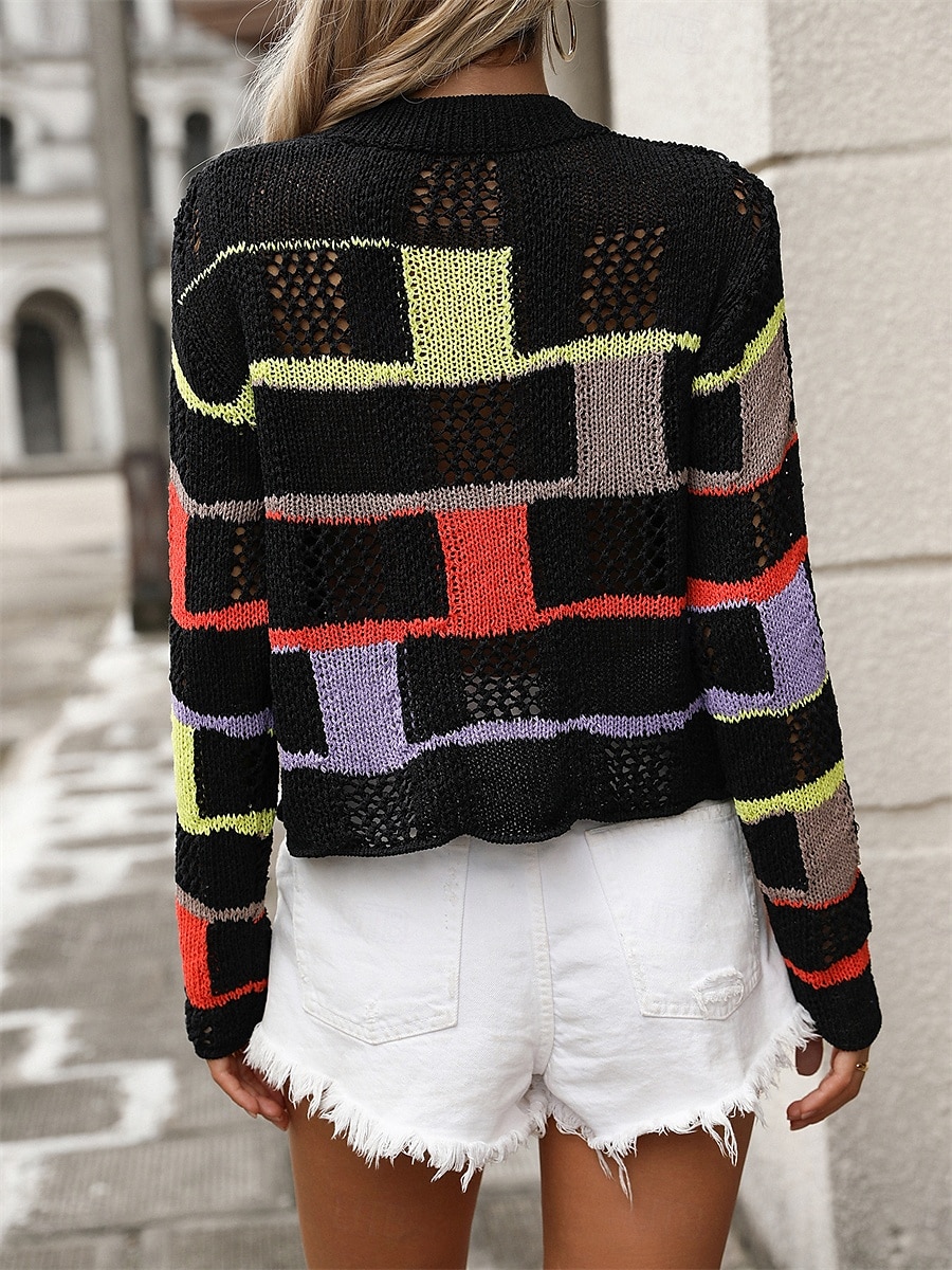 Per donna Felpa Pullover Maglione Informale Morbido A quadri Uncinetto Girocollo Collage Lavorato a maglia Manica lunga Top regolari Maglia Esterno Giornaliero Fine settimana Nero Bianco Autunno del 2025 a $52.99 –P10