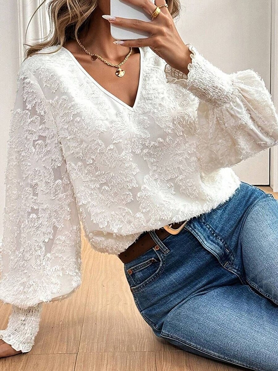 Damen Hemd Bluse Feste Farbe Basic Brautkleider schlicht Langarm Laternenärmel V Ausschnitt Normale Oberteile Täglich Spitze Bestickt Weiß Herbst Winter 2025 - $34.99 –P5