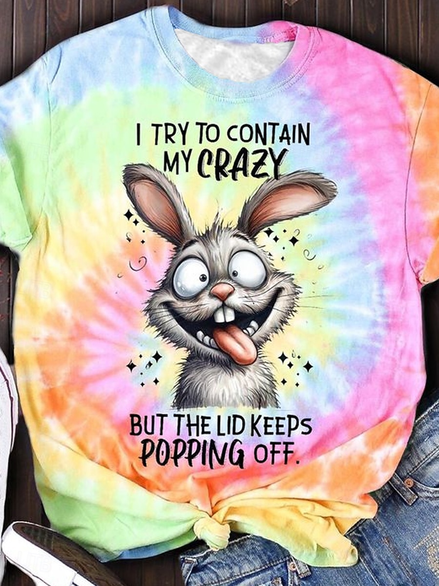 Dam T-shirt Grafisk Djur Mode Ledigt Kortärmad Rund hals Vanliga toppar Dagligen Mönster Regnbåge Höst Vinter 2025 - $19.99 –P1