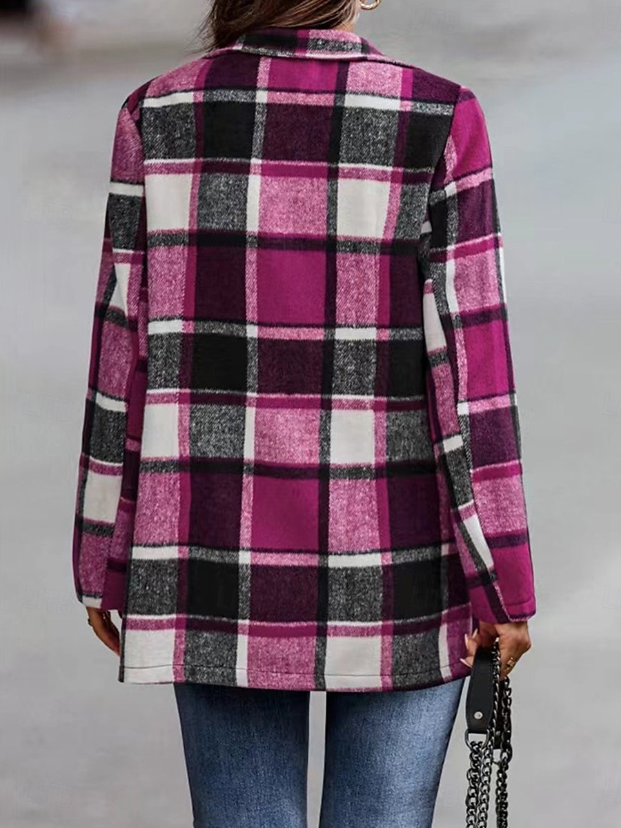 Dam Vardaglig jacka Utomhus Gata Dagliga kläder Höst Vinter Normal Täcka Normal Håller värmen Andningsfunktion Stylish Ledigt Jacka Långärmad Ränder och pläd Med fickor Mönster Rubinrött Fuchsia 2025 - $41.99 –P6