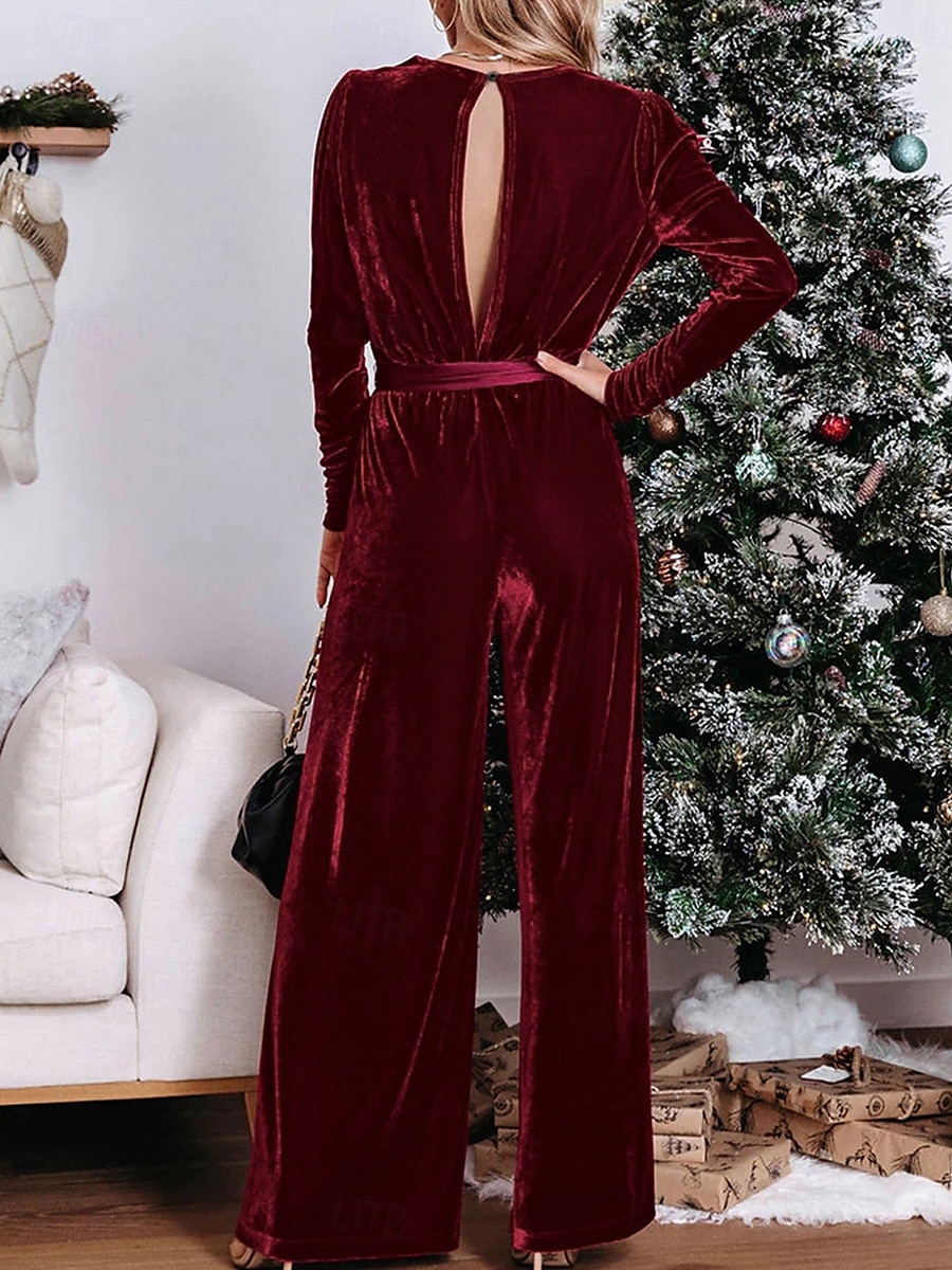 Dam Vanligt Jumpsuits Stylish Ensfärgat Långärmad Djup V-hals Bältade Semester Fest Normal Svart Rubinrött Blå Vår 2025 - GBP £29.21 –P2