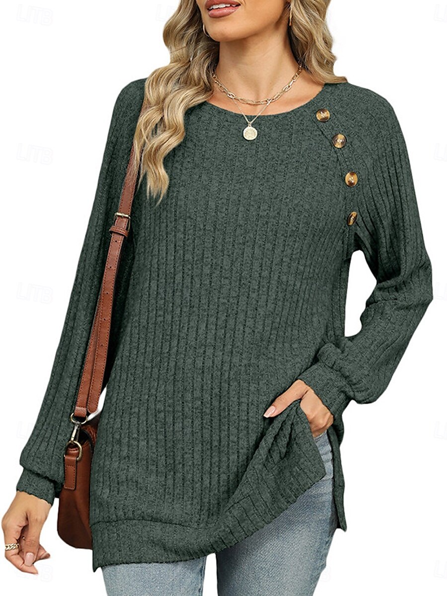 Per donna maglietta Liscio Di tendenza Moderno Informale Manica lunga Girocollo Top regolari Giornaliero Fine settimana Bottoni Rosa Blu Verde Cachi Autunno Inverno del 2025 a $29.99 –P13