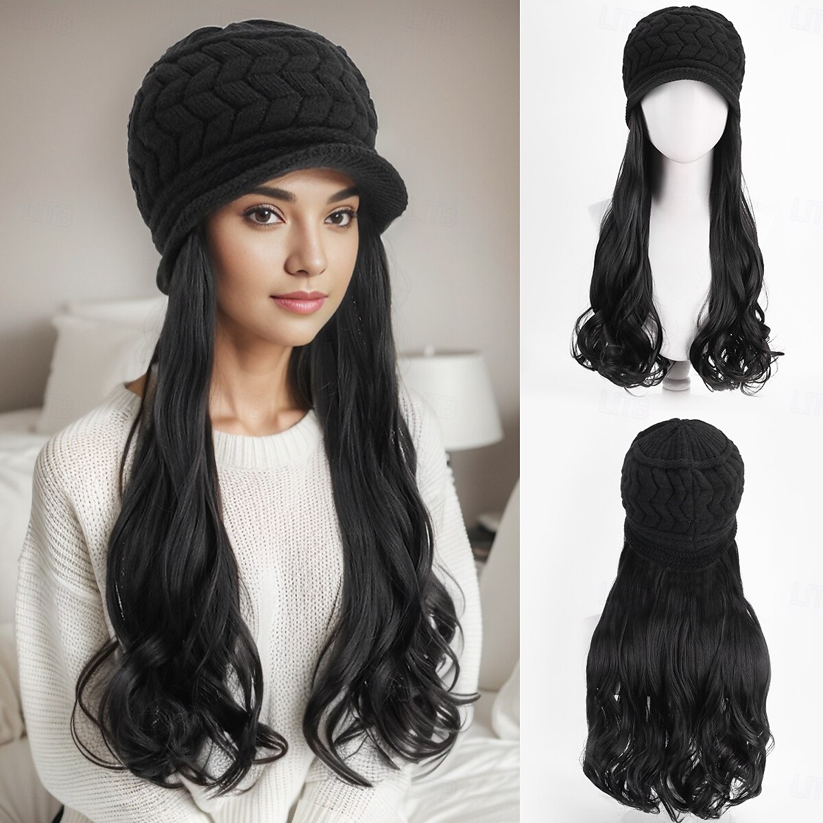 Gorro con peluca y extensiones de pelo largo y ondulado, gorro de punto con pompón para mujer, color negro, para invierno 2025 - $26.99 –P7