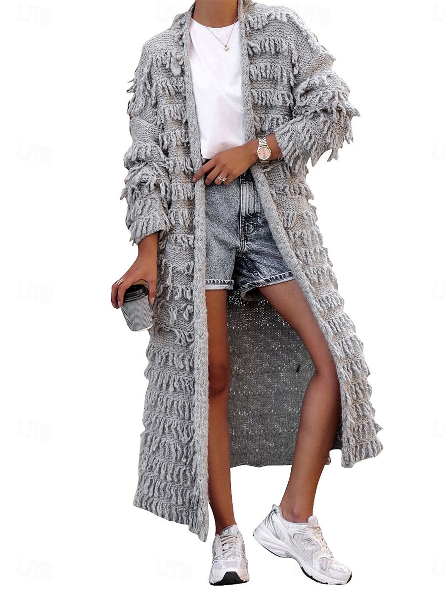 Women's Sweater Cardigan Casual Soft Pure Color Ribbed Open Front Tassel Knitted Long Sleeve Long Tops Knit Outdoor Daily Weekend Black Khaki Fall Winter 2025 - $67.99 –P1