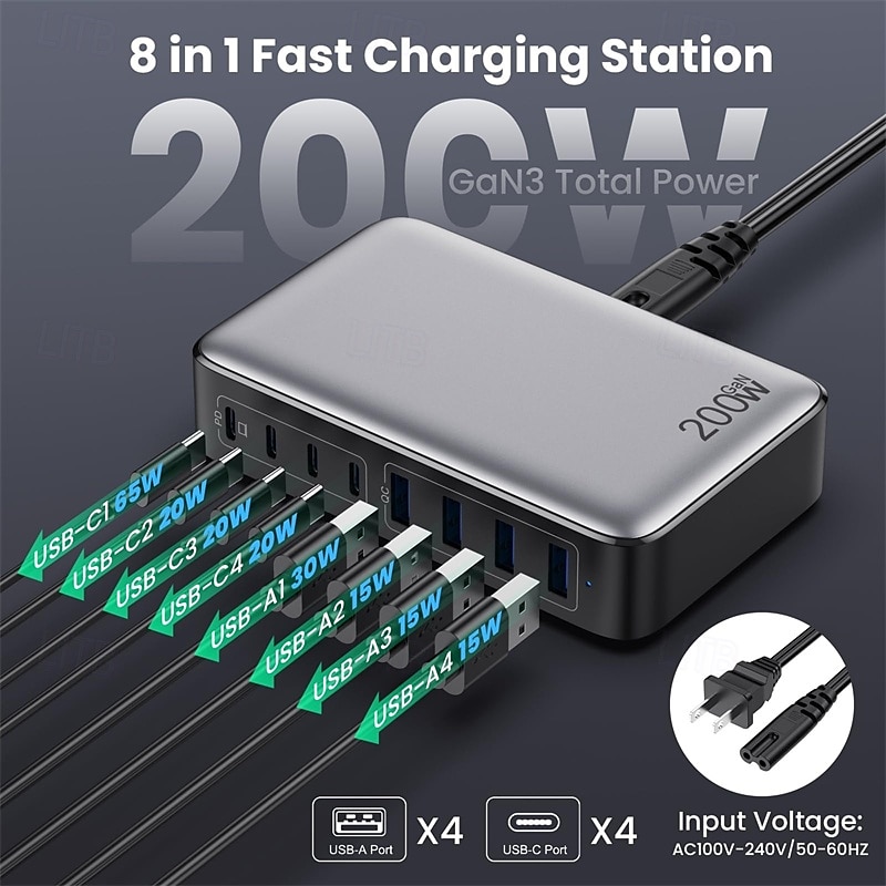 200 Вт usb c зарядное устройство блок gan 8-портовый usb c быстрая зарядная станция pps pd 65 Вт ноутбук зарядное устройство адаптер 2025 - $87.99 –P1