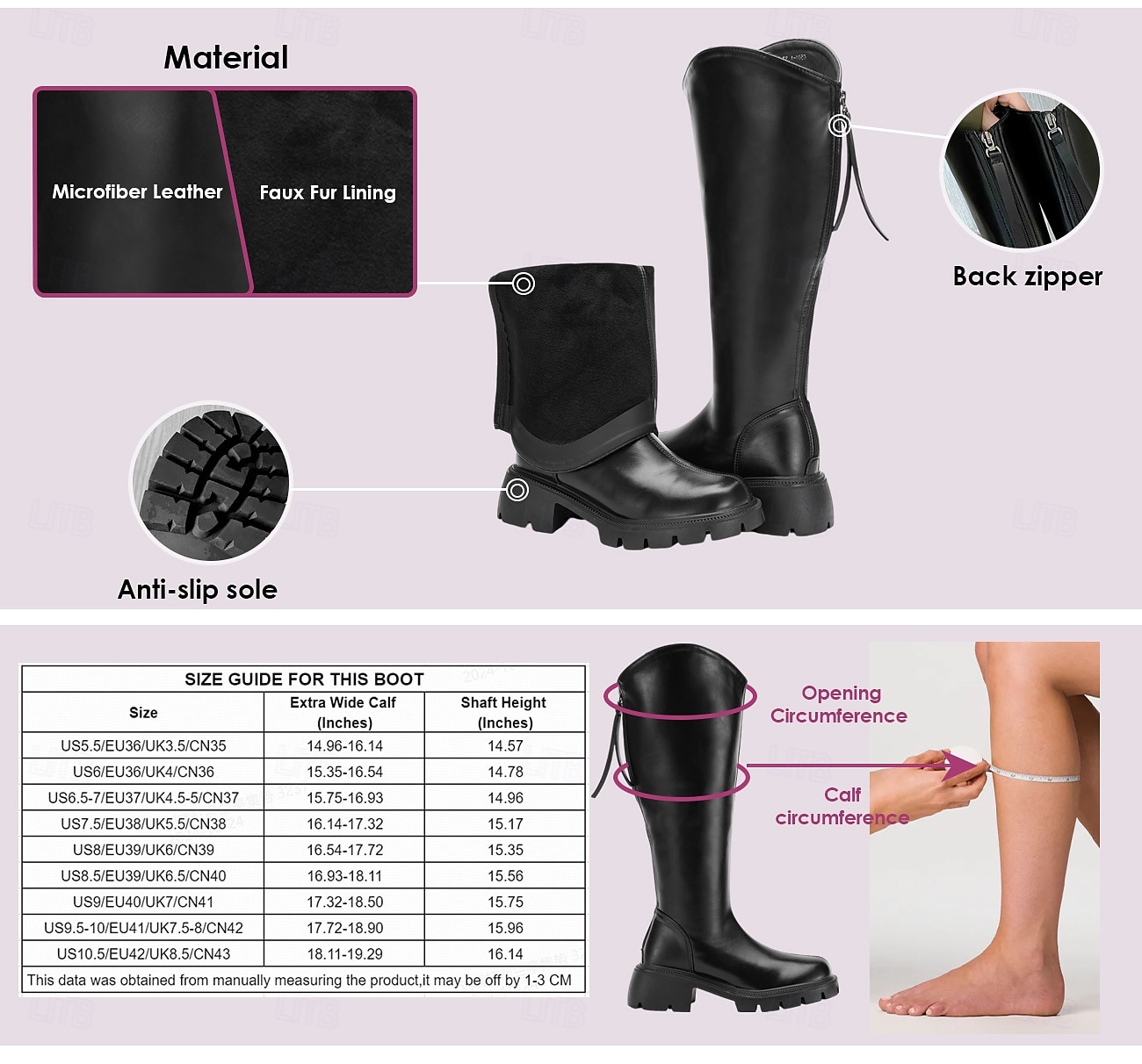 Women's Extra Wide Calf Knee-High Boots – Comfortable Black Faux Leather with Rugged Sole, Perfect for Outdoor Adventures and Everyday Wear 2025 - $79.99 –P2
