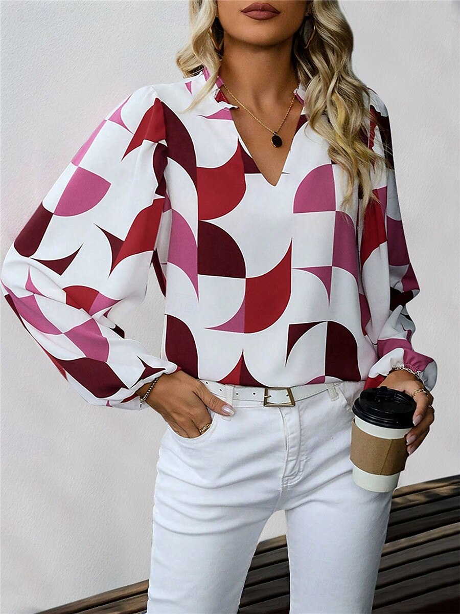 Dames Overhemd Blouse Geometrisch Casual Lange mouw Gekerfde nek Normale tops Dagelijks Afdrukken Zwart Wijn Herfst Winter 2025 - $29.99 –P6