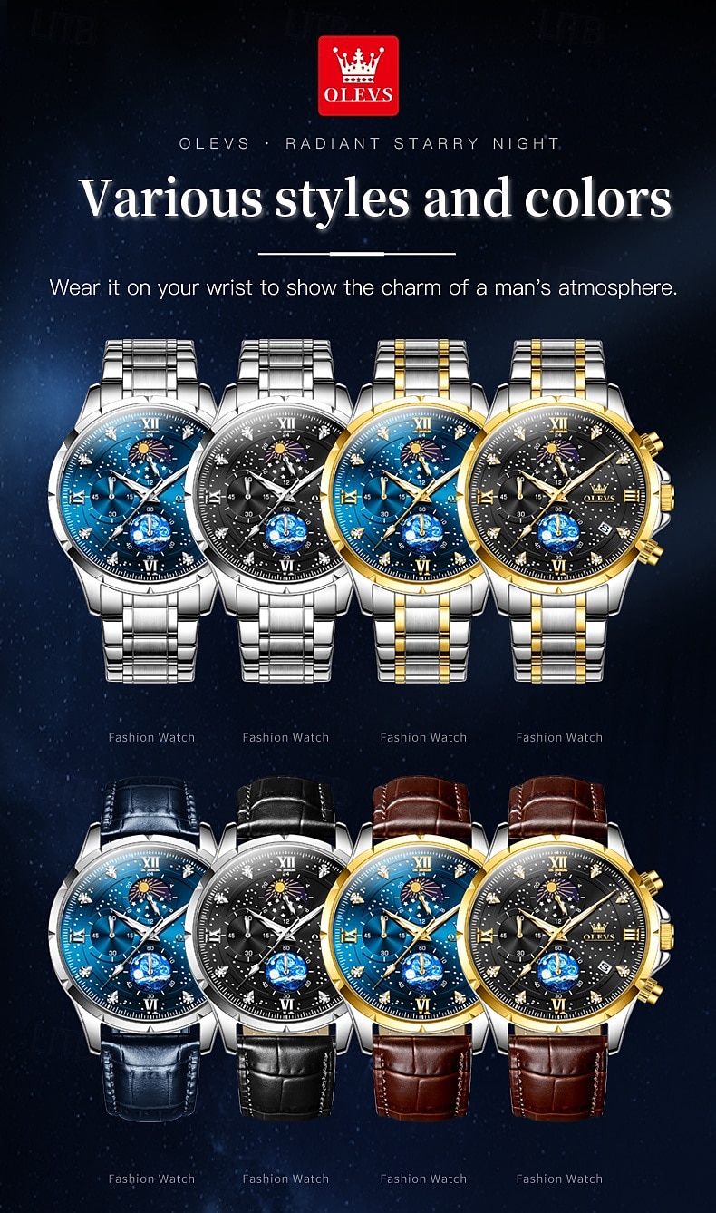 olevs 9807 herenhorloge modetrend multifunctioneel origineel sterrenhemel waterdicht maanfase horloge luxe merk heren quartzhorloge 2025 - $34.99 –P9