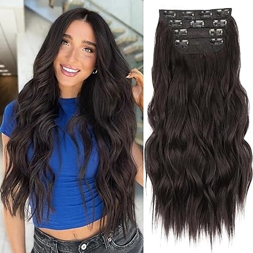 Bouclé Clips Cheveux Synthétiques Longue Extension des cheveux A Clipser 4 pièces Résistant à la chaleur Femme de 2025 ? $18.49 –P4
