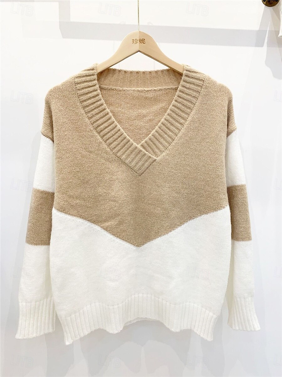 Dame Genser Pullover genser Fritid Myk Fargeblokk Riflet V-hals Strikket Langermet Vanlige topper Strikke utendørs Daglig Helg Svart Rosa Høst Vinter 2025 - $54.99 –P3
