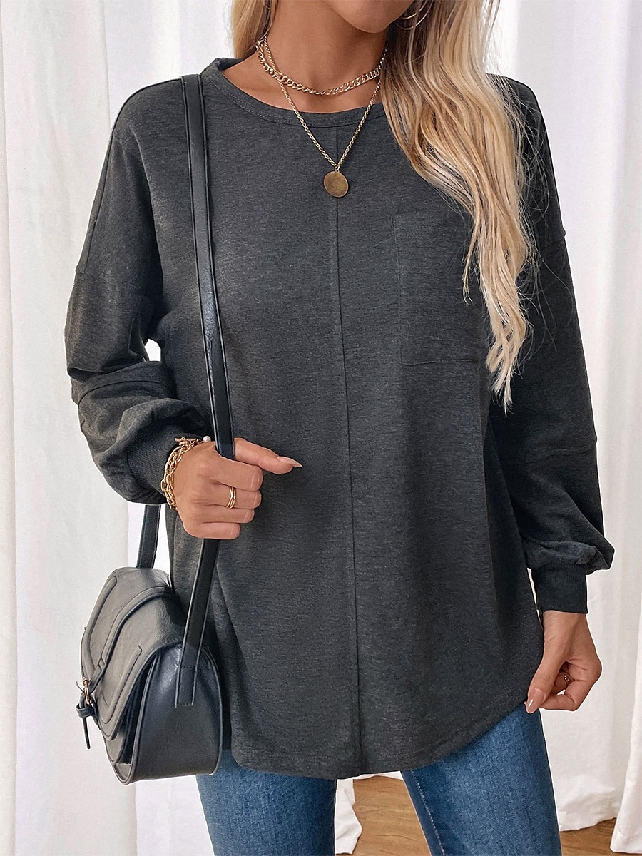 naisten collegepaita rento plain street dailywear pyöreä kaulaprintti pitkähihainen tummanharmaa syksy talvi 2025 - $36.99 –P3