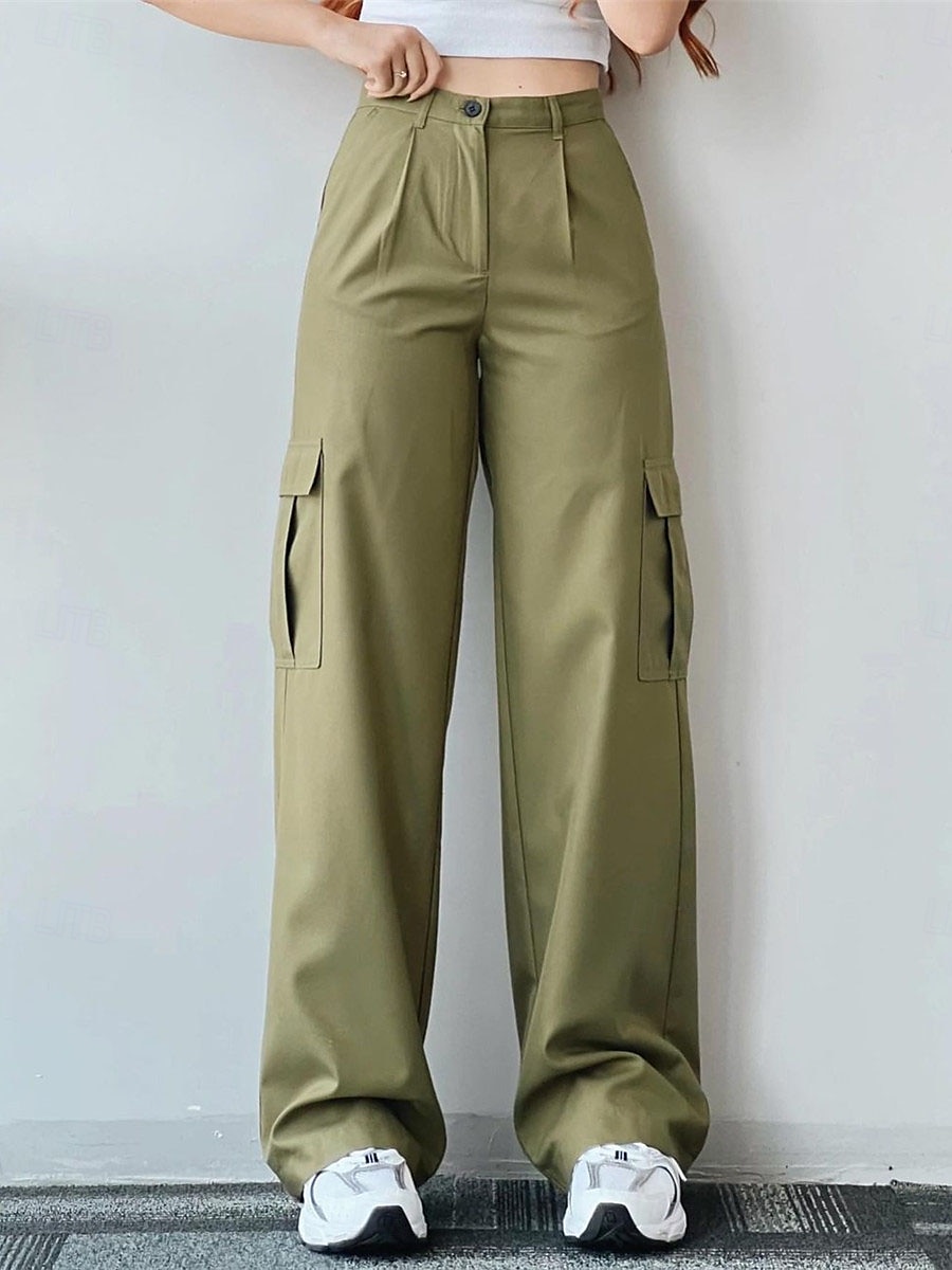 Damen Cargohose Cargohosen Chinesisch Chino Modisch Strassenmode In voller Länge Hoher Taillenbund Glatt Tasche Bequem Weich Komfortabel Mikro-elastisch Outdoor Strasse Weiß Grün Aprikose Frühling 2025 - $26.99 –P2