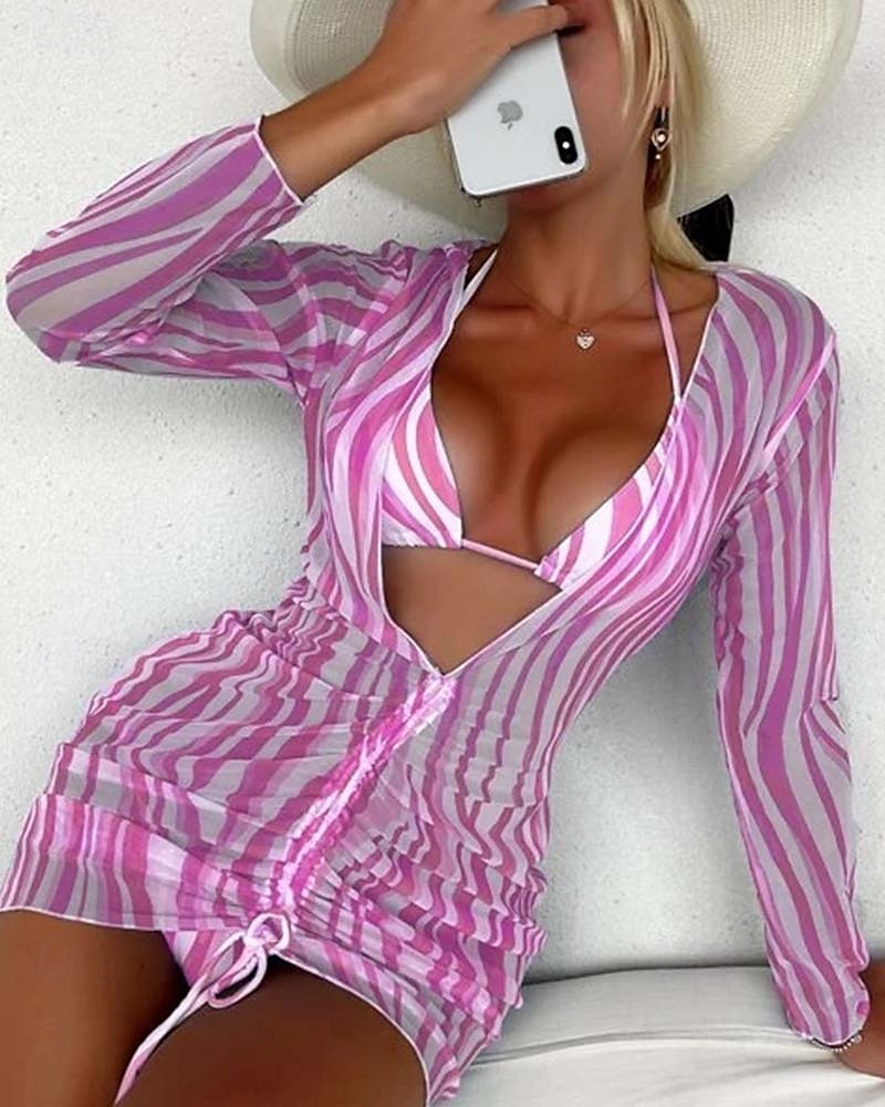 Dame Badetøy Bikini Tre stykker Frekk Badedrakt Åpen rygg Tynn Ferie Strand Klær Sebramønster Grimehals Langermet Badedrakter 2025 - $32.99 –P6