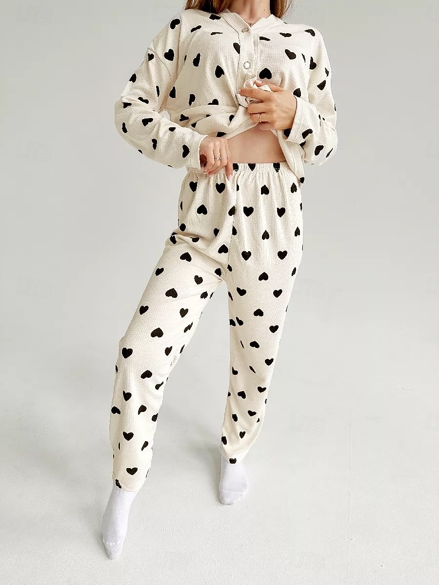 kvinnors alla hjärtans pyjamasset hjärta avslappnad komfort hem daglig komfort varm v-ringad långärmad kofta byxa knapp upp resår midja höst vinter hem outfits 2025 - $23.99 –P3
