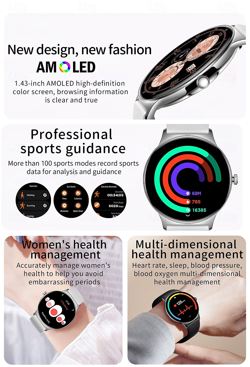 2025年 imosi 1.43インチ AMOLED スマートウォッチ フィットネス ランニングウォッチ Bluetooth 歩数計 通話リマインダー アクティビティトラッカー Android iOS 対応 女性 男性 長時間待機 ハンズフリー通話 防水 IP67  コレクション – $55.99 –P2