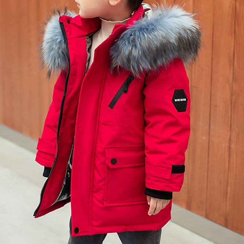 Kids Boys Down Coat Hoodie Jacket Outerwear Solid Color Long Sleeve Pocket Coat Outdoor Daily Basic Black Red Green Fall Winter 4 years+ 2025 - $78.99 –P7