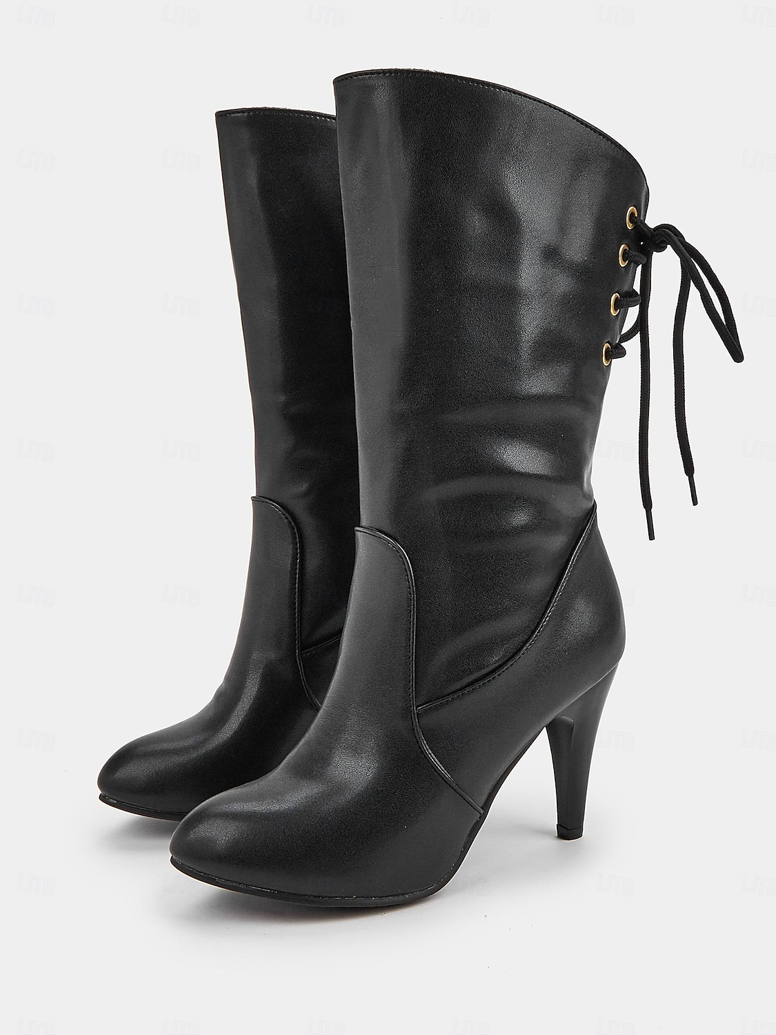 stivali neri con lacci da donna con tacco a metà polpaccio - eleganti stivali a stiletto con punta affilata e dettaglio in pizzo laterale per outfit autunnali e invernali del 2025 a $59.99 –P1