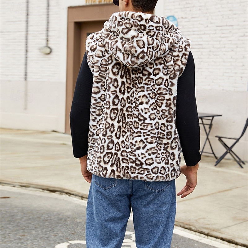 Men's Vest Faux Fur Gilet Daily Date Vacation Fashion Casual Fall & Winter Keep Warm Polyester Comfortable Leopard Print Cardigan Stand Collar Regular Fit White Yellow Brown Vest 2026 - $41.99 –P10