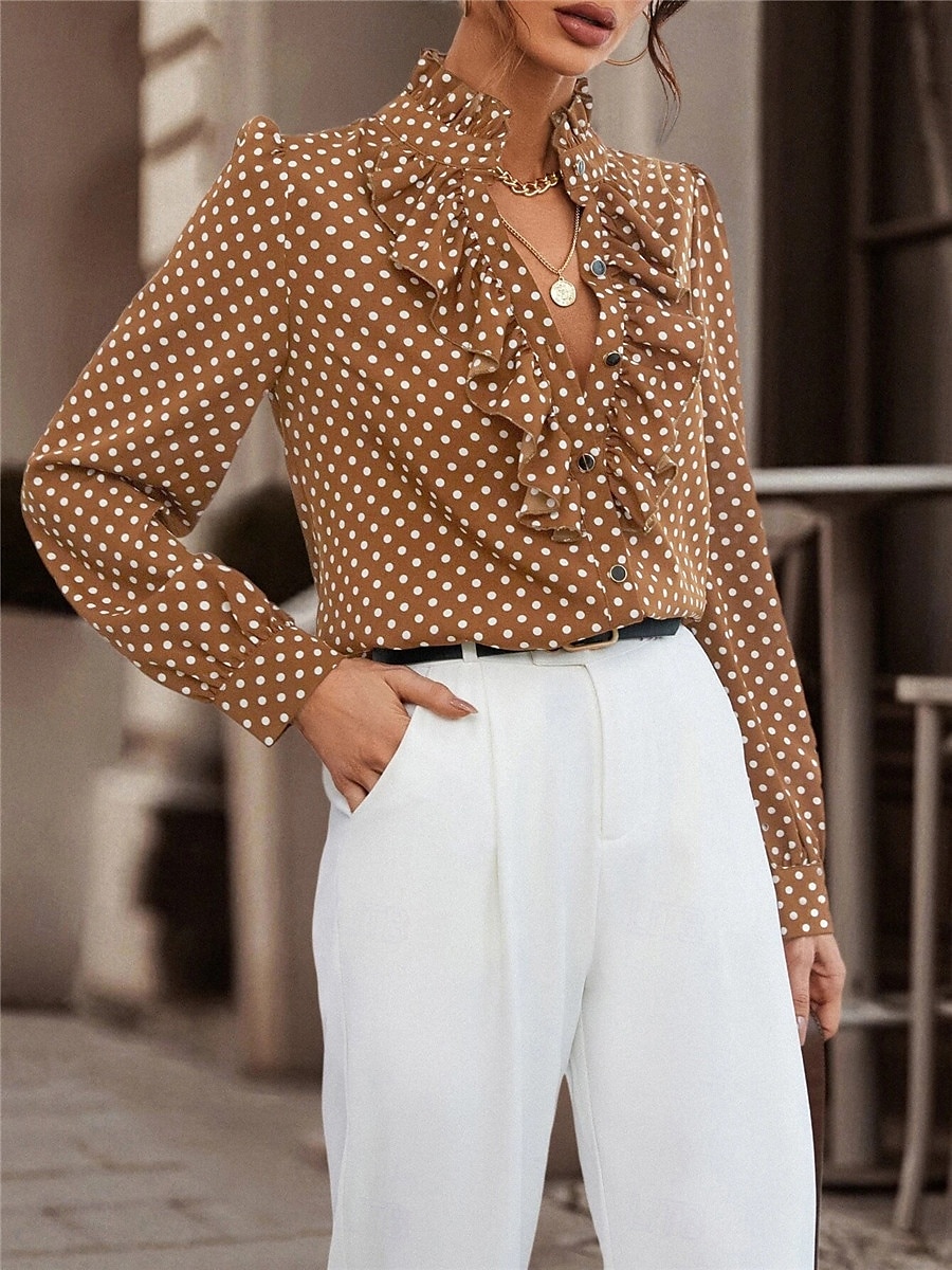 Damen Hemd Bluse Punkt Brautkleider schlicht Langarm Rollkragen Normale Oberteile Täglich Rüsche Patchwork Knopf Schwarz Braun Herbst Winter 2025 - $29.99 –P5