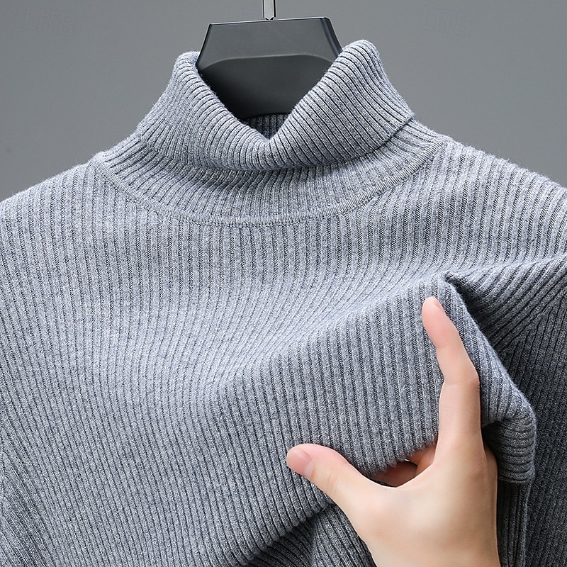 Men's Pullover Sweater Jumper Knit Sweater Ribbed Knit Regular Knitted Plain Turtleneck Fashion Casual Daily Wear Date Clothing Apparel Fall & Winter Wine Black S M L 2025 - $26.99 –P5
