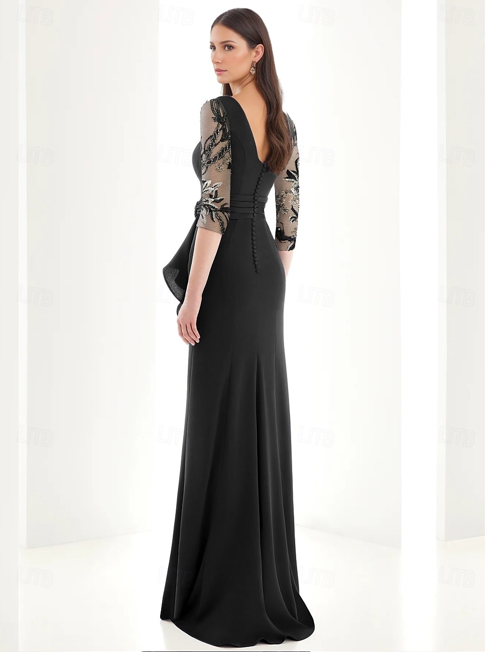 vestido preto vestido de noite linha a vestido elegante formal comprimento até o chão manga 3/4 decote em v bolso crepe elástico com apliques 2025 de 2025 por $178.99 –P3