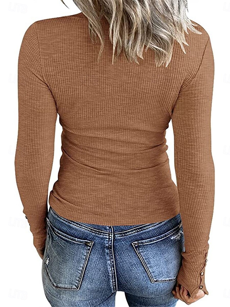 Dam T-shirt Slät Mode Modern Ledigt Långärmad Rund hals Vanliga toppar Dagligen Helgen Knappar Blå Brun Grå Höst Vinter 2025 - $29.99 –P4