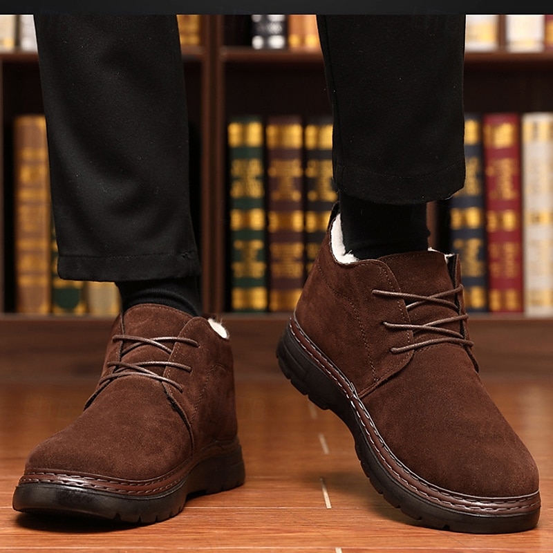 Botines de ante sintético marrón para hombre con forro de felpa cálido y suela antideslizante, ideales para usar al aire libre en invierno. 2025 - $46.99 –P2