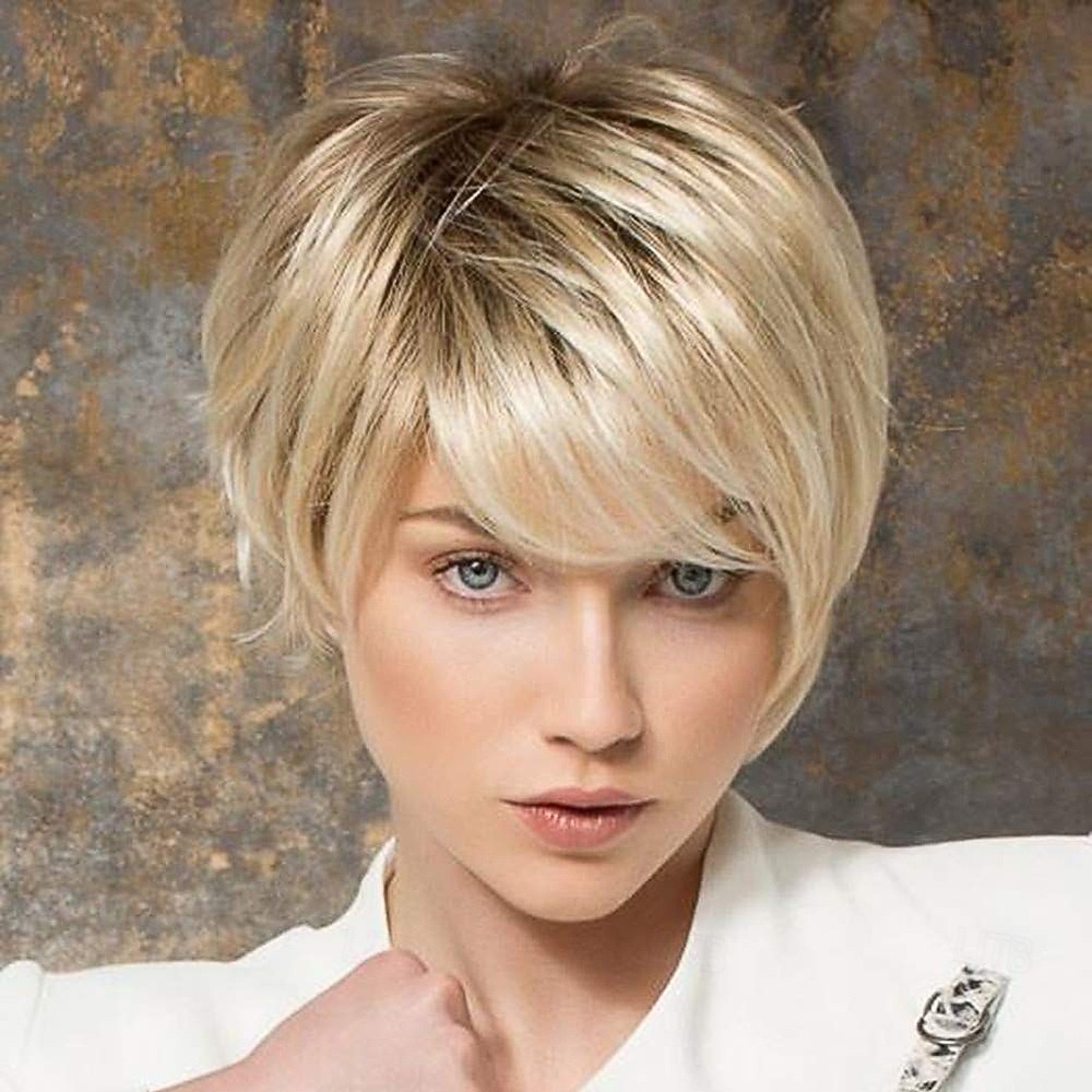 parrucche bionde corte per donne parrucche bionde con taglio pixie con frangia parrucche corte lisce a strati parrucche bionde chiare sintetiche dall'aspetto naturale del 2025 a $20.99 –P1