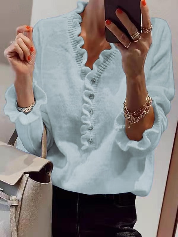 Femme Pull Chandail Elégant du quotidien Couleur unie Col V A Volants manche longue Hauts réguliers Tricoter Travail Blanche Rouge Automne Hiver de 2025 ? $58.99 –P5