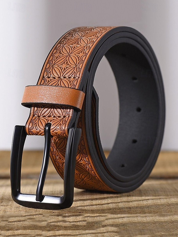 Men's Vintage Embossed Faux Leather Belt with Geometric Pattern – Classic Western Style Fashion Accessory 2025 - $14.99 –P1