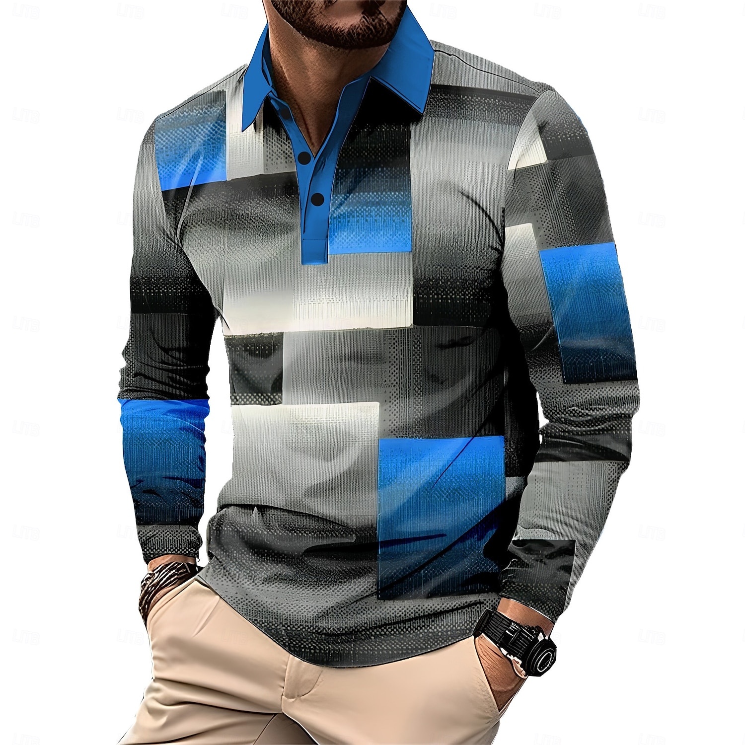 Herr Rutig Pikétröjor Golf pikétröjor Långärmad Polotröjor Krage Business Casual Formell Semester Vardag Friluftskläder Knappar 3D-utskrift Vår Höst vinter Svart Gul Rubinrött 2025 - $23.99 –P8