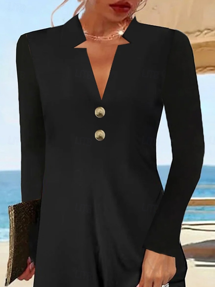 Per donna Vestito nero Mini abito Pulsante Elegante A V Manica lunga Nero Colore del 2025 a $29.99 –P3