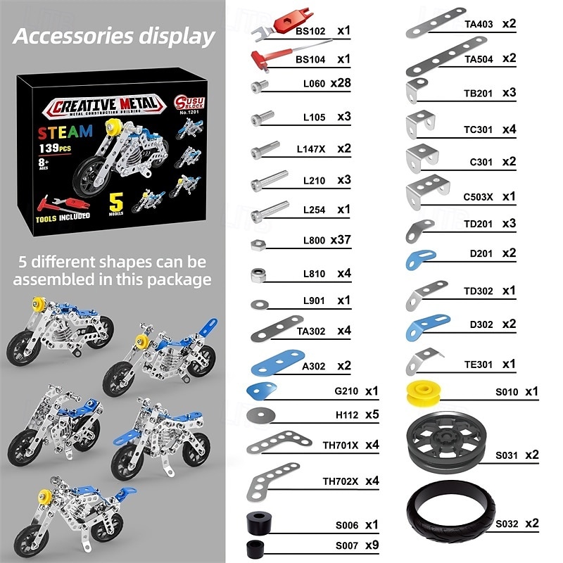 Motorcycle Stem Building Toys For Kids Metal Building Construction Model Kit 5 Variable Multi Shape Motorbike Steam Educational Toys (139PCS) Halloween/Thanksgiving Day/Christmas gift 2025 - $19.49 –P12