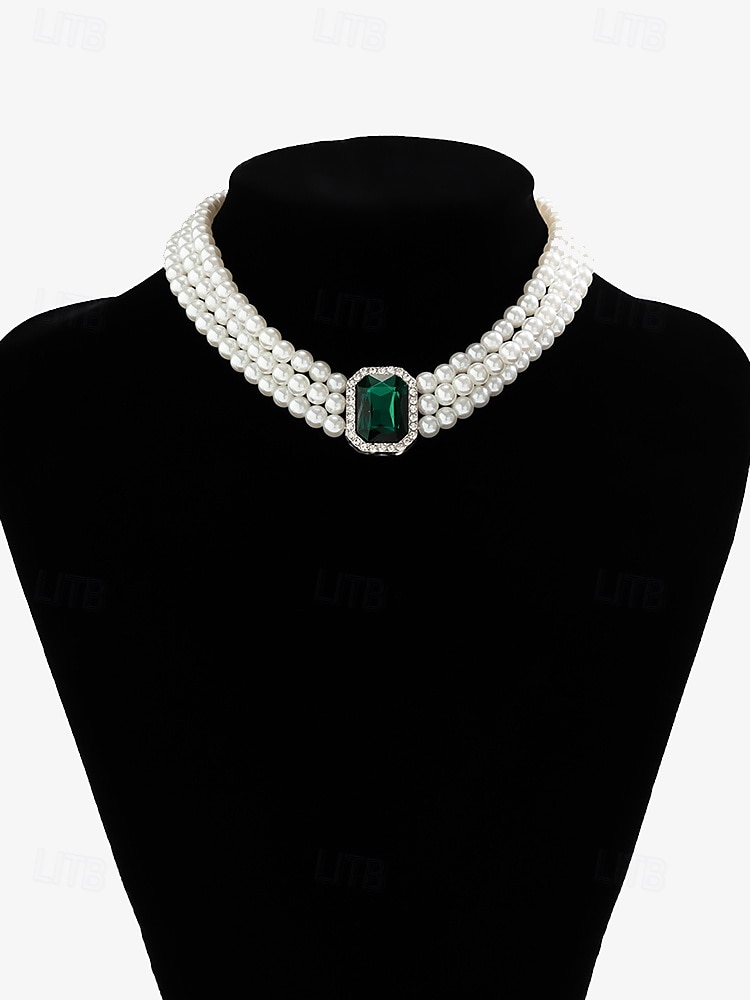 Elegant Women's Pearl Choker Necklace Set with Green Gemstone and Matching Bracelet & Earrings – Formal Occasion Jewelry 2025 - $14.99 –P5