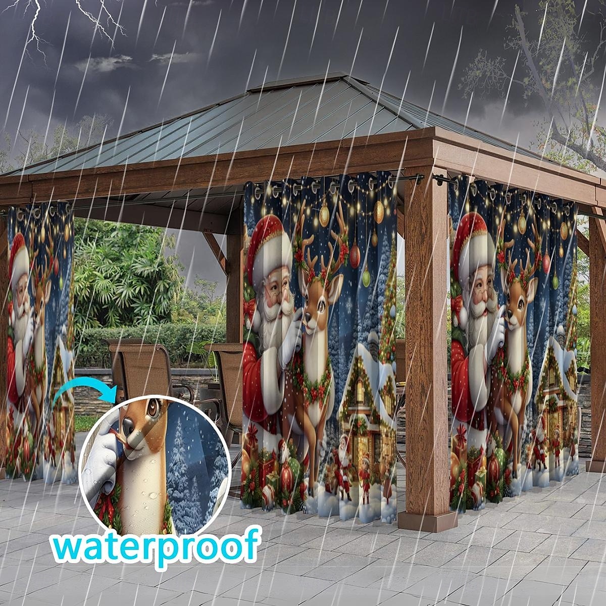 vánoční ozdoby santa voděodolný venkovní závěs soukromí, posuvné závěsy na terasu, závěsy na pergolu, průchodka pro altán, balkon, veranda, párty, 1 panel 2025 - $42.99 –P11
