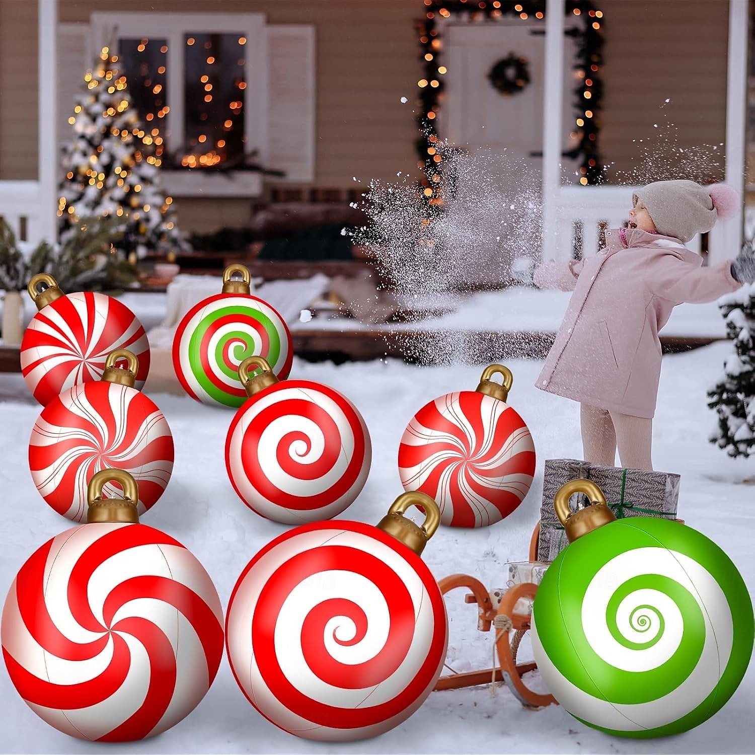 palla gonfiabile decorata per esterni di Natale da 60 cm (23,6 pollici) enormi ornamenti di Natale grandi palline di caramelle alla menta piperita per albero cortile prato giardino portico palline gonfiabili ornamenti con pompa del 2025 a $19.99 –P6