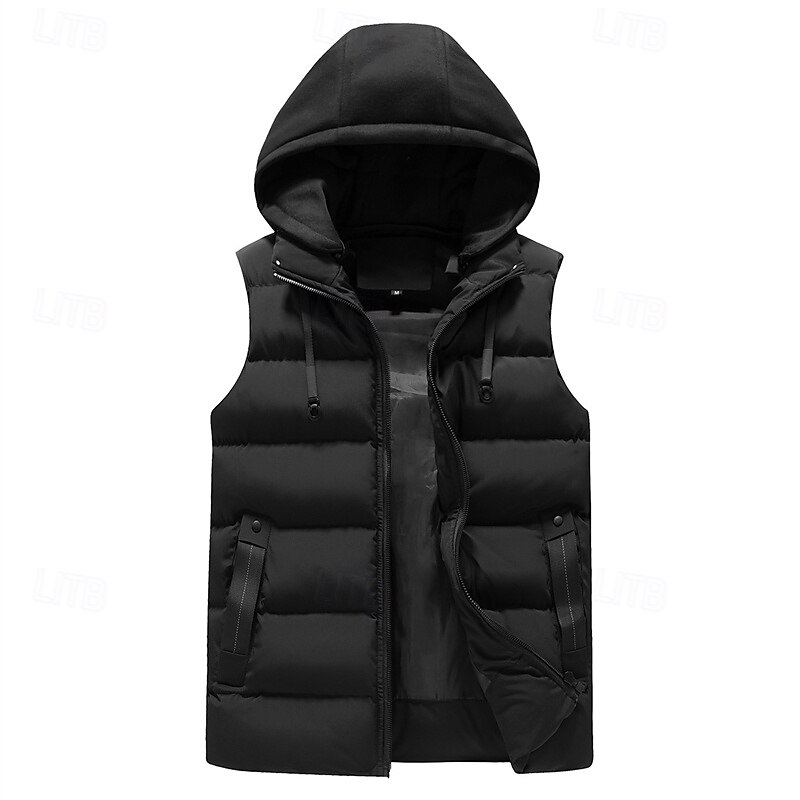 Herr Pufferväst Hoodie väst Quiltad väst Dagligen Datum Semester Mode Ledigt Höst vinter Ficka Polyester Håller värmen Bekväm Ensfärgat Dragkedja Huva Normal Svart Armégrön Grå Väst 2026 - $39.99 –P1
